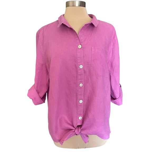 John Mark Pink 100% Linen Button Down Shirt Tie Front Size XL Roll Tab Sleeves - Picture 3 of 10